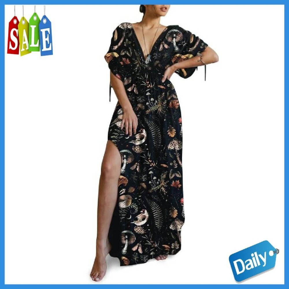 Cotton Maxi Dress V Neck Short Sleeve Casual Summer Beach Vacation